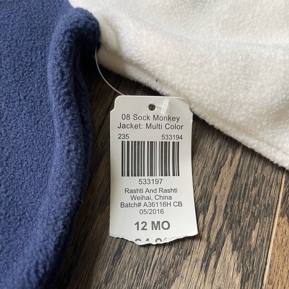 NWT Baby Starters Sock Monkey Fleece Navy Varsity Jacket | Size 12M - Picture 2 of 5